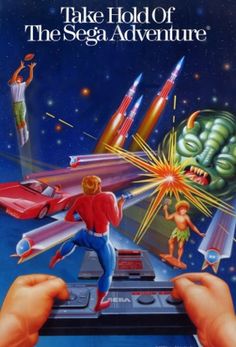 a movie poster for the film take hold of the sega adventure with two hands holding an electronic device