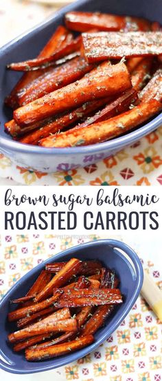 roasted carrots with brown sugar and seasoning in a blue bowl on a colorful tablecloth