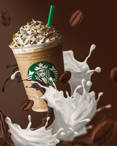 a starbucks drink with whipped cream and chocolate chips falling into the milkshake as it splashes