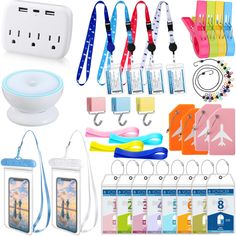 various items are displayed on a white background including cell phones, lanyards and usb devices