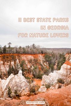 the words, 11 best state parks in georgia for nature lovers are overlaid by red and white cliffs