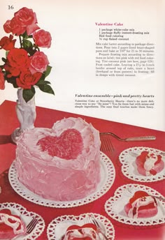 an advertisement for valentine's cake with pink frosting and red roses