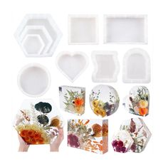 flowers and shapes are shown in the shape of plastic trays, with hands holding them