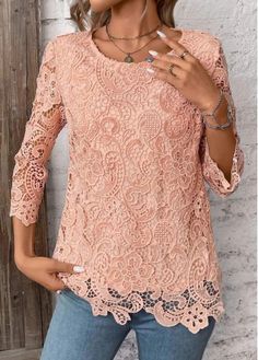 Color:Light Pink;Size:S;Size:M;Size:L;Size:XL;Size:XXL;Package Contents:1 X T Shirt;Occasion:Other;Style:Casual; Elegant Dresses Plus Size, Pink Round, Plaid Tops, Midi Dress Bodycon, Cardigan Tops, Style Outfits, Upcycle Clothes, Pink Lace, Lace Tops