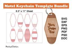 a wooden keychain with the words, your design here and eight different designs