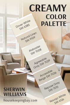 The image showcases a creamy color palette from Sherwin Williams. It features a swatch card with the following colors:

Dover White SW 6385
Natural Linen SW 9109
Alabaster SW 7008
Agreeable Gray SW 7029
Accessible Beige SW 7036
Repose Gray SW 7015
Navajo White SW 6126
In the background is a cozy, neutral-toned living room with soft, warm lighting, beige-toned furniture, and natural accents that complement the creamy palette. The color choices are perfect for creating a warm and inviting space. Cool Neutral Wall Color, Colors That Go With Navajo White, Bone Paint Color Sherwin Williams, Dover White And Accessible Beige, Sherwin Williams Accessible Beige Pallet, Dark Cream Paint Colors, Sw Accolade, Agreeable Beige Sherwin Williams, Creamy White Living Room