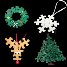 three christmas ornaments are shown on a black background, one is made out of plastic and the other has snowflakes