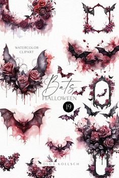 watercolor bats and roses on white paper