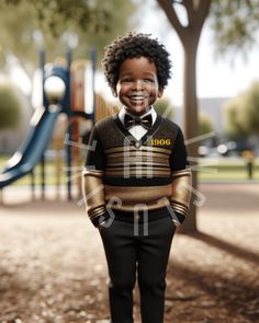 a young boy wearing a suit and bow tie standing in front of a playground