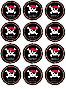 pirate party cupcake toppers with skull and crossbones on black, set of 12