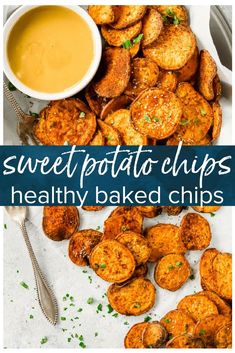 sweet potato chips on a plate with dipping sauce