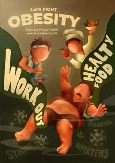 a poster with an image of two people in the background and words that say, work for health