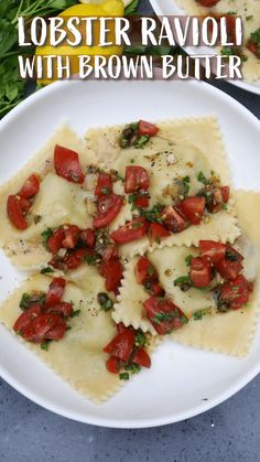 two plates with ravioli and tomatoes on them