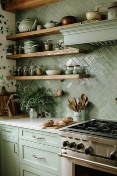 22 Herringbone Backsplash Subway Tile Ideas for a Stylish Kitchen Green Kitchen With White Cabinets, Herringbone Backsplash Subway Tile, Subway Tile Ideas, Backsplash Subway Tile, Green Kitchen Backsplash, Olive Green Kitchen, Green Kitchens, Sage Kitchen