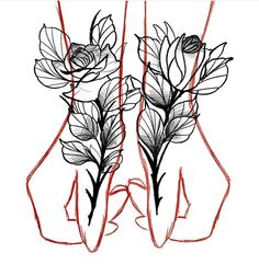 two hands holding flowers with red lines in the middle and black outline on white paper