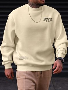 Khaki Casual Collar Long Sleeve Knitted Fabric Slogan Pullovers Embellished Non-Stretch  Men Plus Size Clothing Crewneck Sweatshirt Outfit Men, Crewneck Sweatshirt Outfit, Plus Size Sweatshirts, Camping Park, Mens Crewneck Sweatshirt, Mens Fashion Wear, Guys Clothing Styles, Men's Casual Style