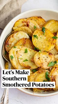 a white bowl filled with cooked potatoes and garnished with parsley