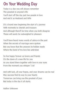 a poem written in pink and white with the words on your wedding day