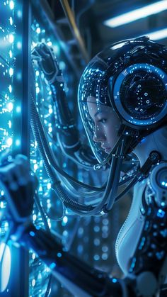 a woman in a futuristic space suit looking at something on the ground with lights all around her