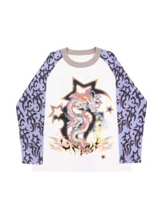 The price is for a top only, others are not included.  Garment Size   	 		 			Size 			S 			M 		 		 			Bust 			112 			116 		 		 			Full Length 			76 			77 		 		 			Sleeve Length 			75 			76 Clothes White Background, Dragon Print Shirt, Dragon Fashion, Graphic Clothes, Raglan Sleeve Top, Blue Long Sleeve Tops, Dragon Print, Colourful Outfits, Print Shirt