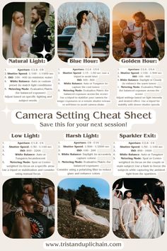 a flyer for a photographer's shoot with photos and text that reads camera setting chat sheet