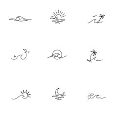 the different types of sun and water icons are shown in this image, with one line drawing