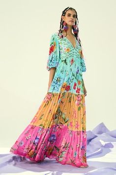 Shop for Limerick by Abirr N' Nanki Multi Color Crepe Colorbock Printed Dress for Women Online at Aza Fashions Printed Maxi Dress Indian, Mini Dress Fashion, Embroidered Maxi Dress, Multicolor Dress, Style Maxi Dress, Party Dresses For Women, Shop Maxi Dresses, Tiered Dress, Types Of Dresses