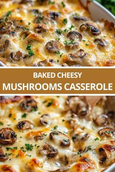 baked cheesy mushrooms casserole in a white dish with parsley on top