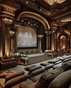 a large room with many couches and a projector screen in the middle of it