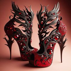 Red black gothic heels Dragon Shoes Heels, Black And Red Wedding Shoes, Vampire Heels, Black And Red Heels, Gothic High Heels, Red And Black Heels, Gothic Heels, Halloween Heels, Heart Heels