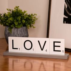 a wooden block with the word love spelled in black on it next to a potted plant