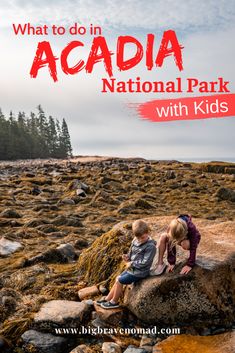 two children sitting on rocks with the words what to do in acadia national park with kids