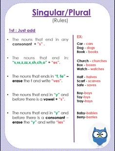 an image of singular / plural rules for children to use in the classroom