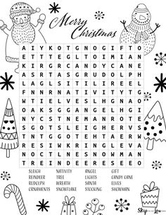 the christmas word search is shown in black and white