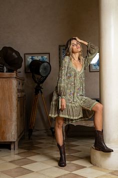 Annie Swing Dress - Olive - Daydreamer by Tulle and Batiste Boots Ajd Dress, Flowy Short Dress Boots, Boho Western Dress And Boots, Cowboy Ankle Boots Dress, Cute White Sneakers, Bohemian Diesel, Dark Sea Green, Hello Sunday, Coffee Dates