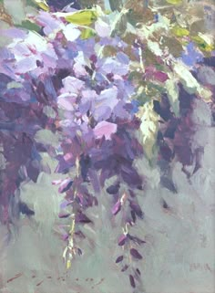 an oil painting of purple flowers in a vase