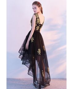 Buy black with gold appliques high low tulle homecoming prom dress at wholesale price online. Free shipping and pro custom service since 2009. Gold Applique, Homecoming Dresses, Appliques, Prom Dress, High & Low, High Low Dress, High Low, Homecoming, Victorian Dress