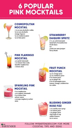 Pink Mocktails Mocktail Drinks, Alcohol Free Drinks, Drink Recipes Nonalcoholic, Refreshing Drinks Recipes, Alcoholic Cocktails, Milk Shakes, Mocktail Recipe, Cocktail Menu, Pink Drinks