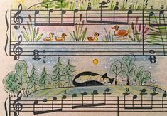 a drawing of musical notes with ducks in the water and on top of sheet music