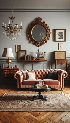 a living room filled with furniture and a chandelier