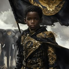 a young boy dressed in black and gold holding an african flag with elephants behind him