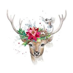 a deer with flowers in its antlers and birds on it's head canvas art print