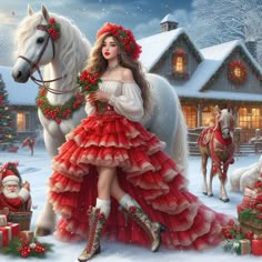 a beautiful woman in a red dress standing next to a white horse and christmas presents