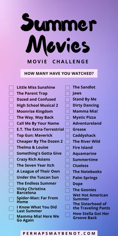 the summer movies movie challenge is shown in purple and blue with text overlaying it