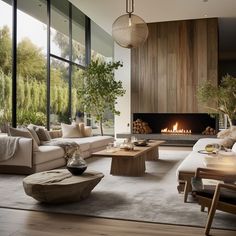 a living room filled with furniture and a fire place in the middle of the room