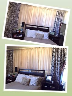 two pictures of a bed with white sheets and pillows, one has a black headboard