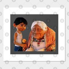 an old woman with a young boy standing next to her