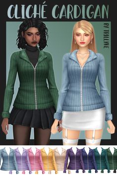 an image of two women in different colors and sizes, with the caption cliche cardigan