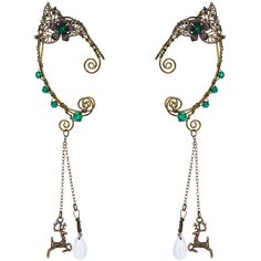 two pairs of earrings with green beads and dangling chains on white background, side by side