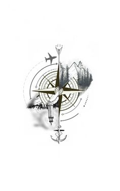 a compass with trees in the background and an airplane flying over it's head